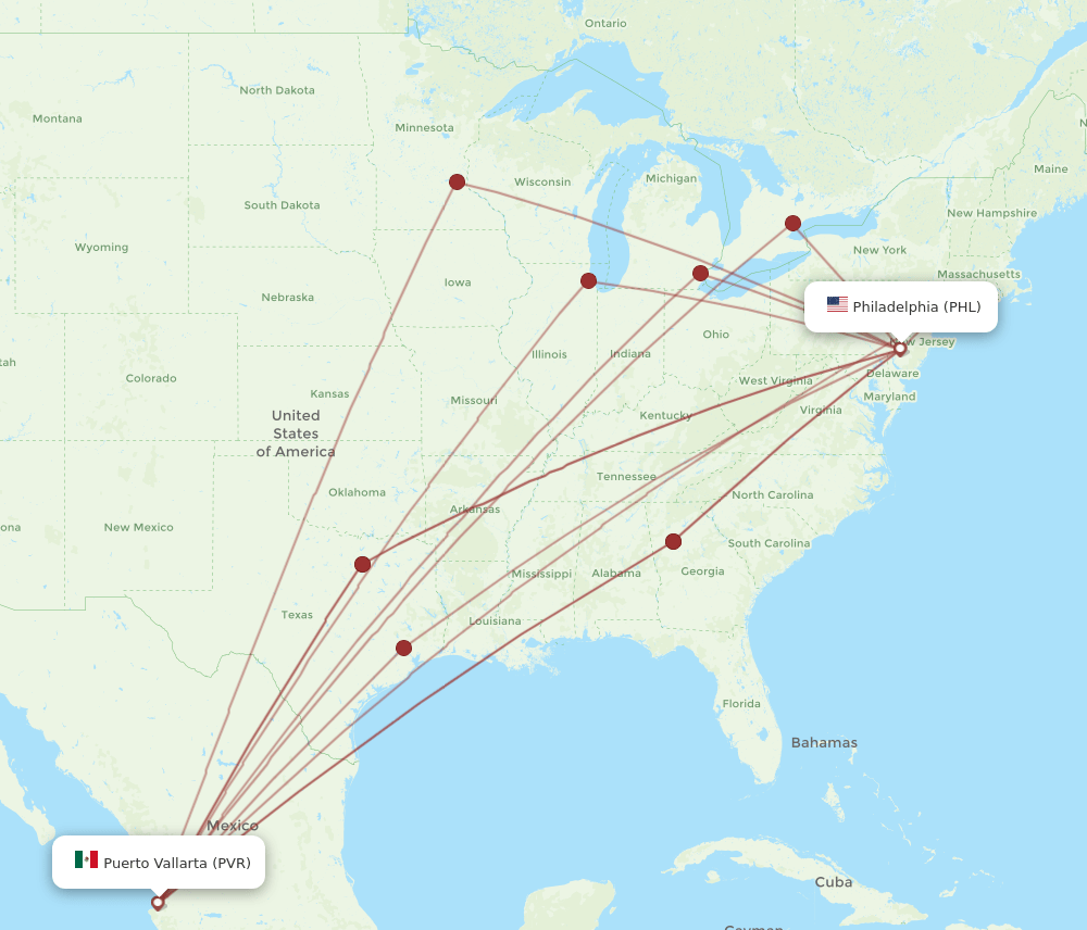 PVR to PHL flights and routes map