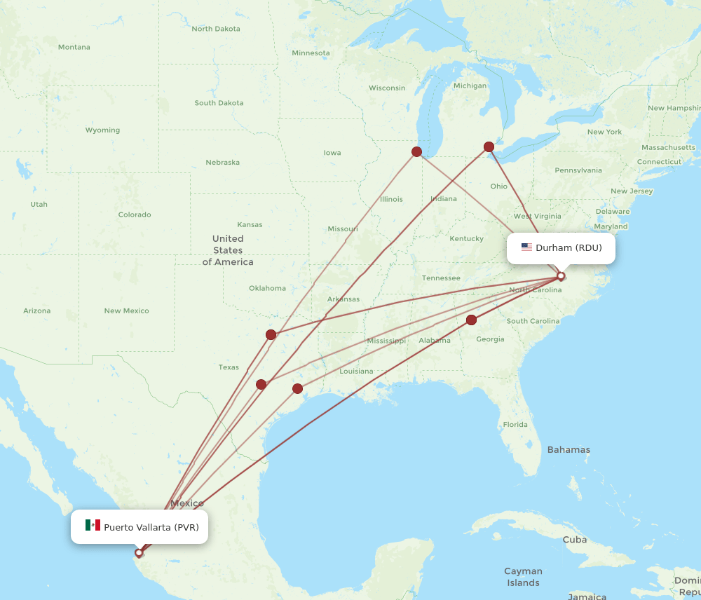 PVR to RDU flights and routes map