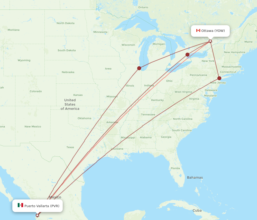 PVR to YOW flights and routes map