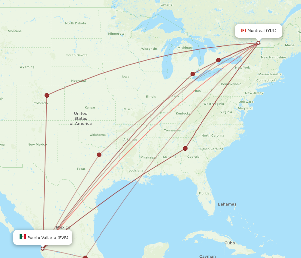 PVR to YUL flights and routes map