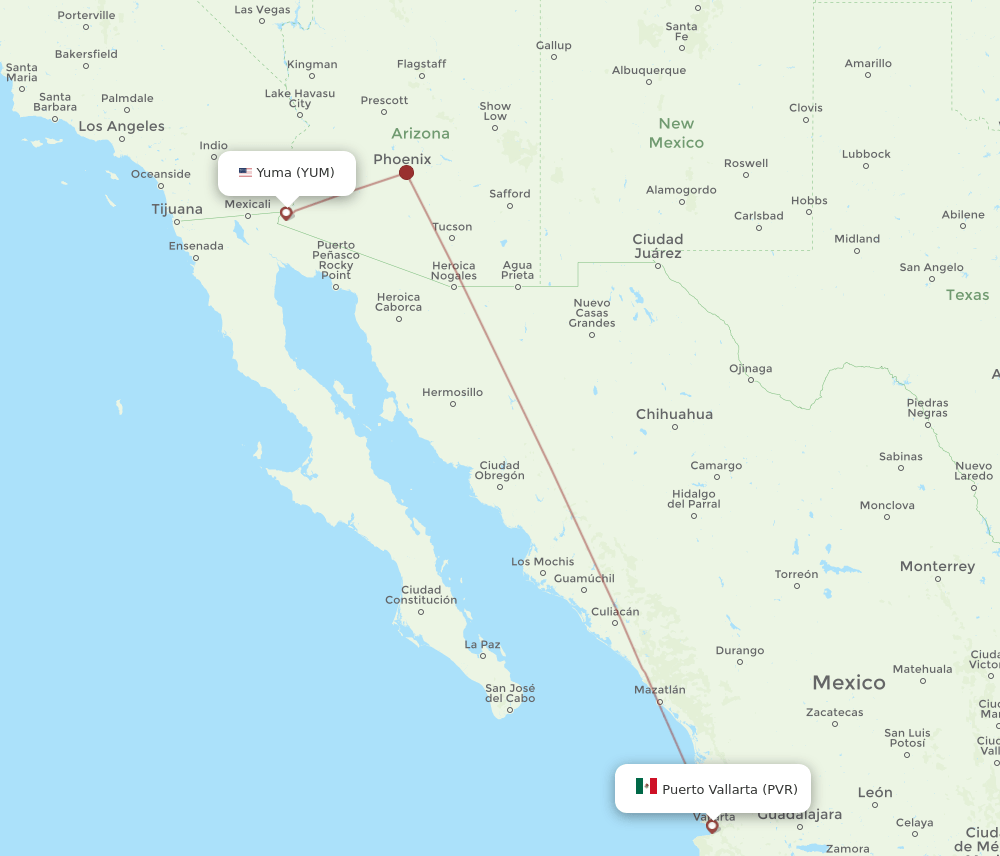 Yuma - Puerto Vallarta route map and flight paths
