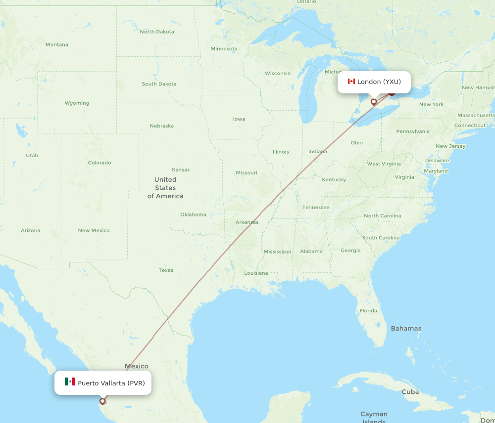 London - Puerto Vallarta route map and flight paths