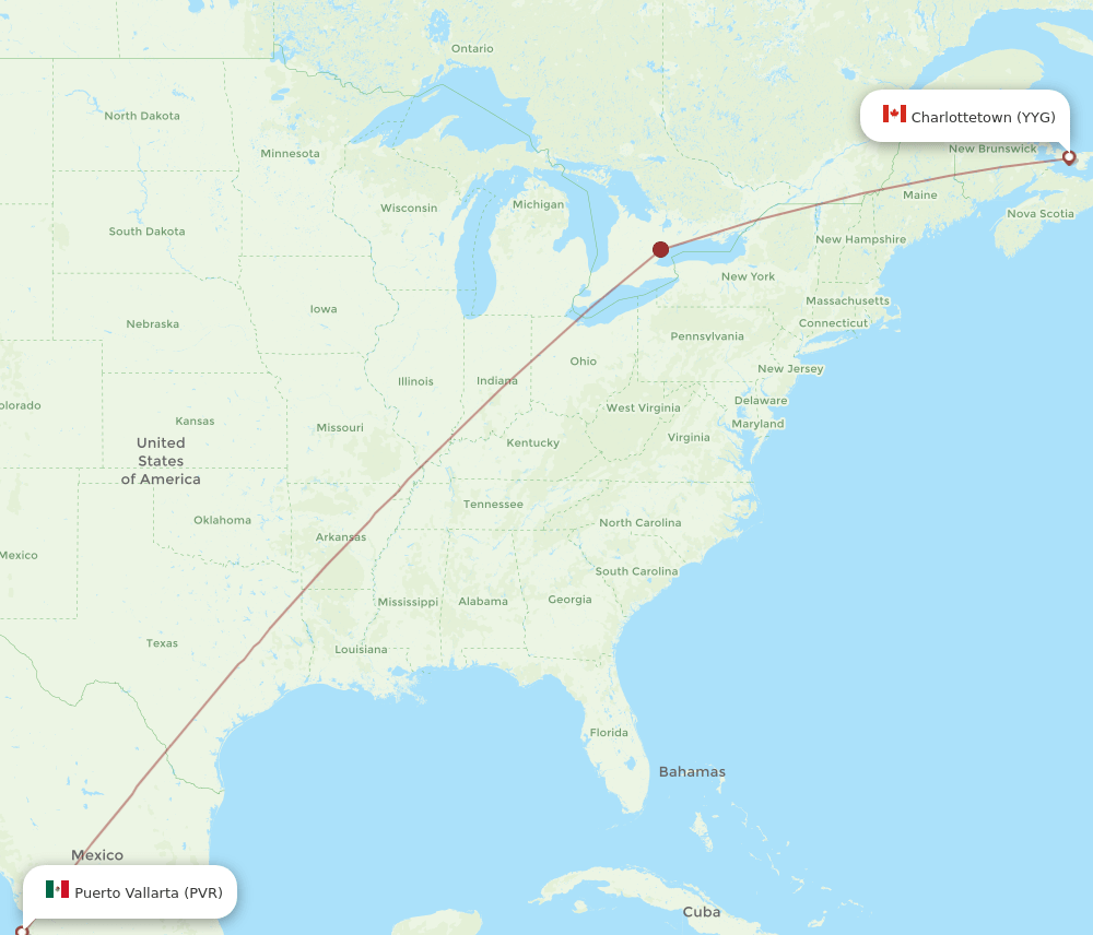 Charlottetown - Puerto Vallarta route map and flight paths