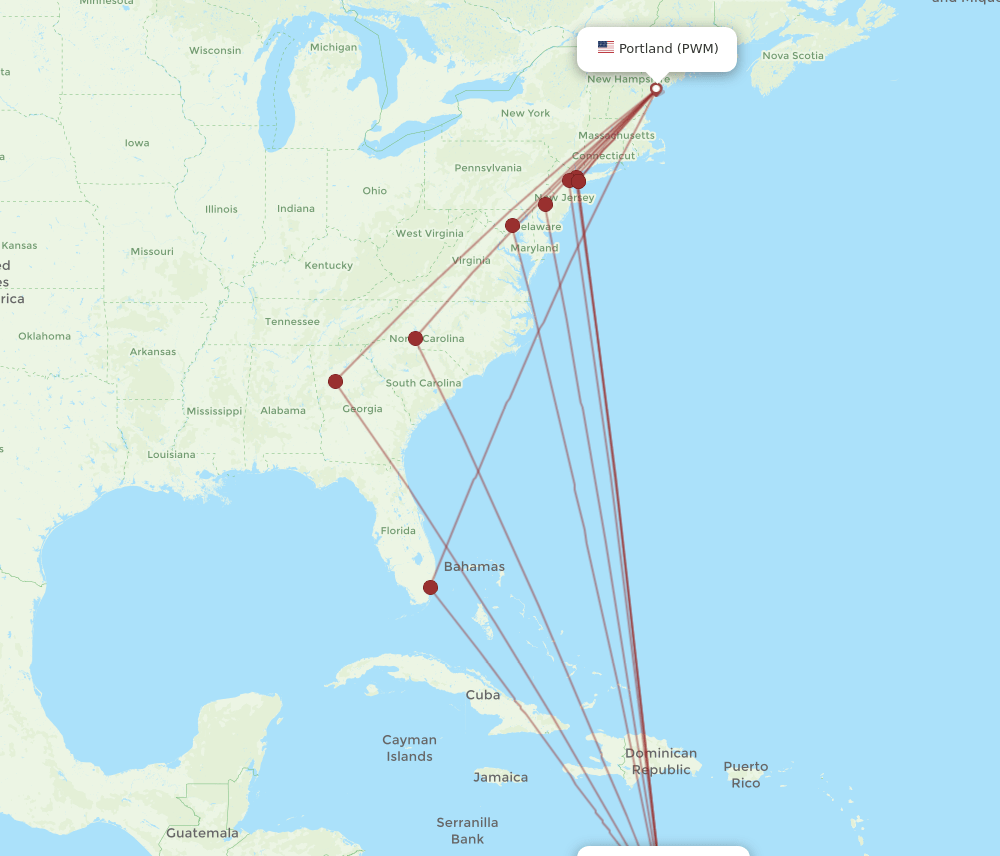 PWM-AUA flight routes