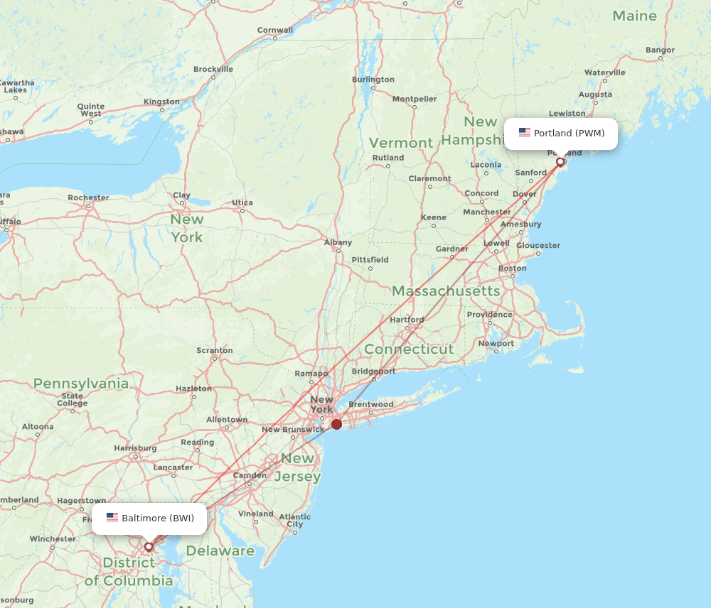 Portland - Baltimore route map and flight paths