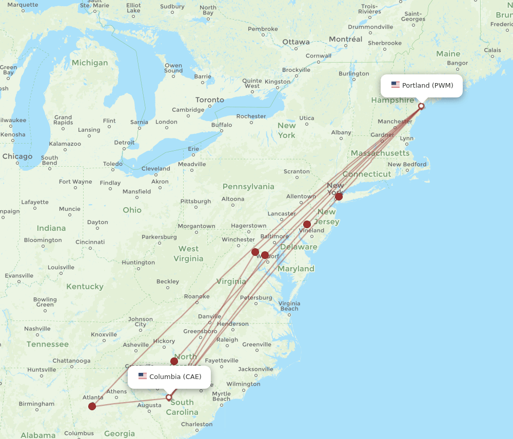 PWM to CAE flights and routes map
