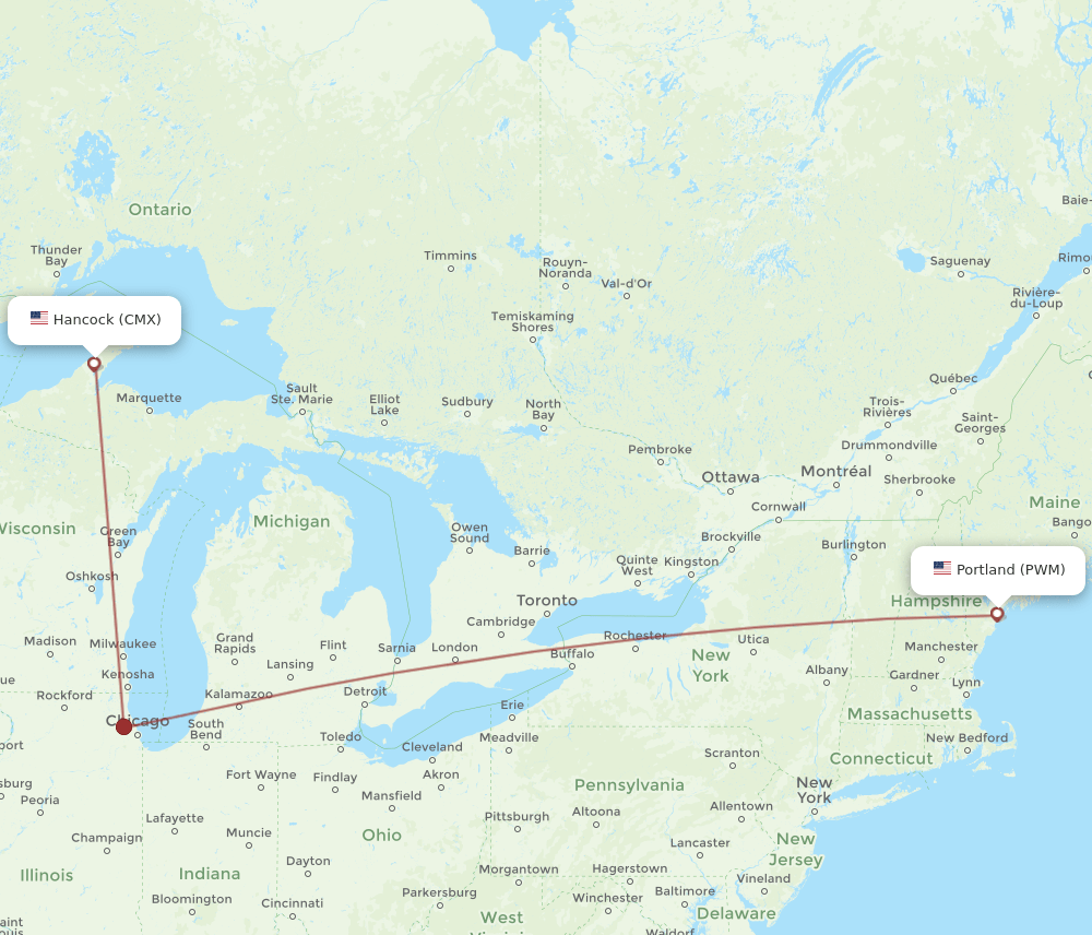 PWM to CMX flights and routes map