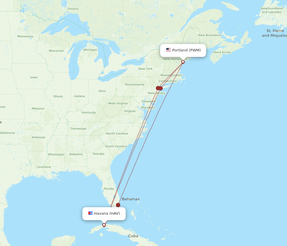 Portland - Havana route map and flight paths