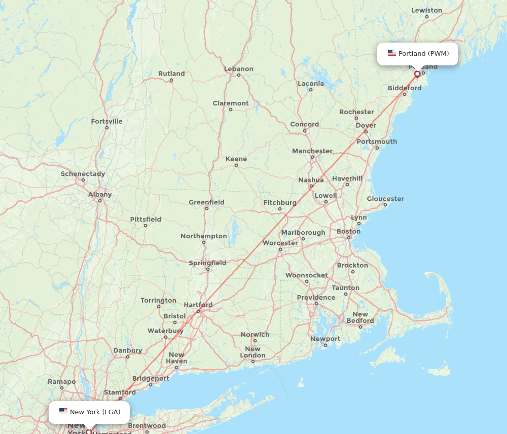 Portland - New York route map and flight paths