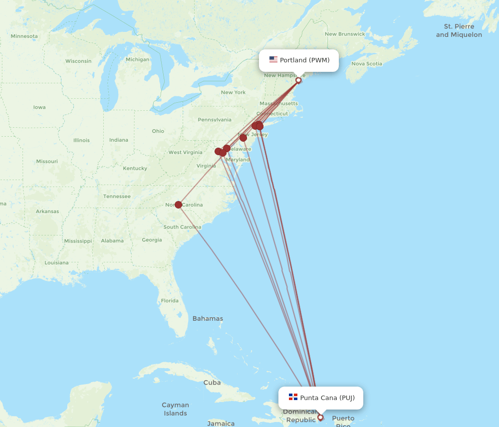 PWM-PUJ flight routes