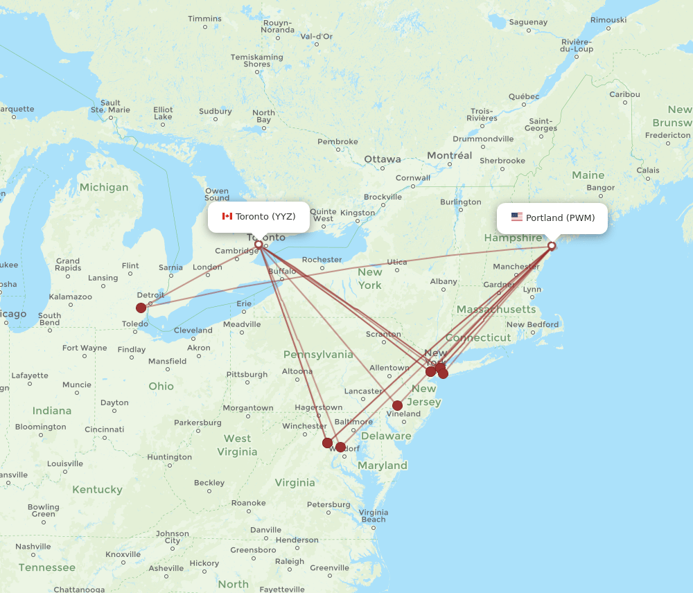 Toronto - Portland route map and flight paths