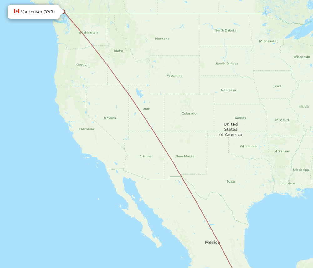 Vancouver - Puerto Escondido route map and flight paths