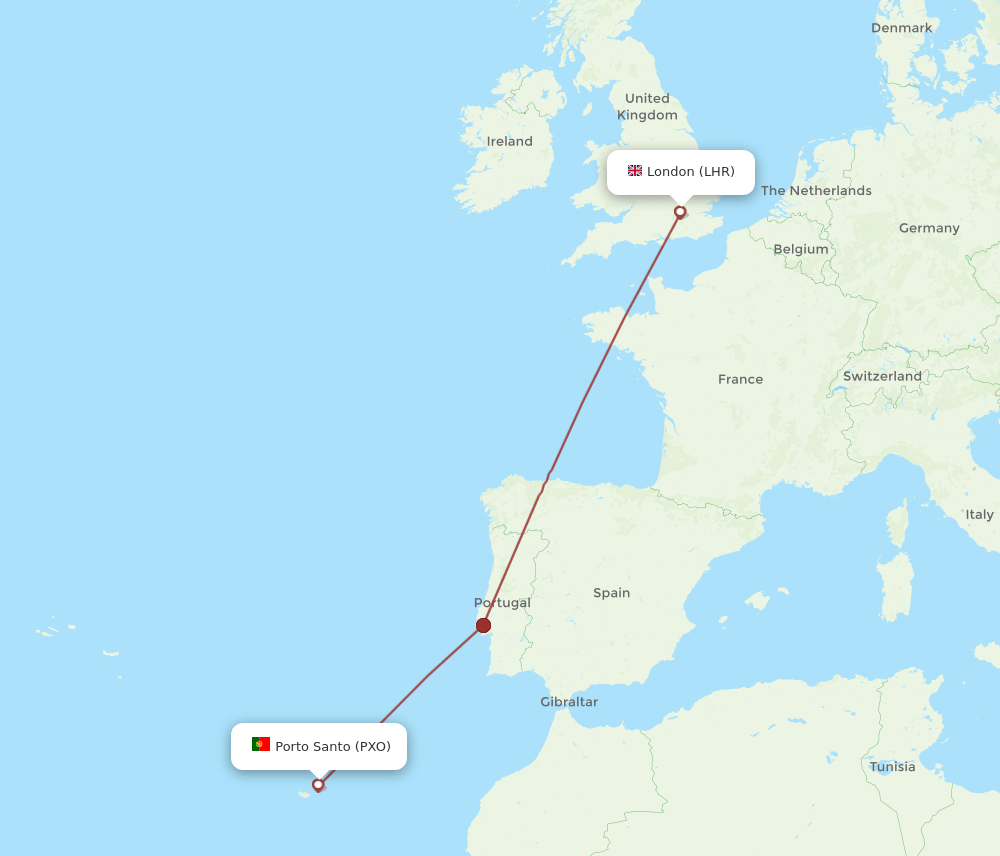 PXO to LHR flights and routes map