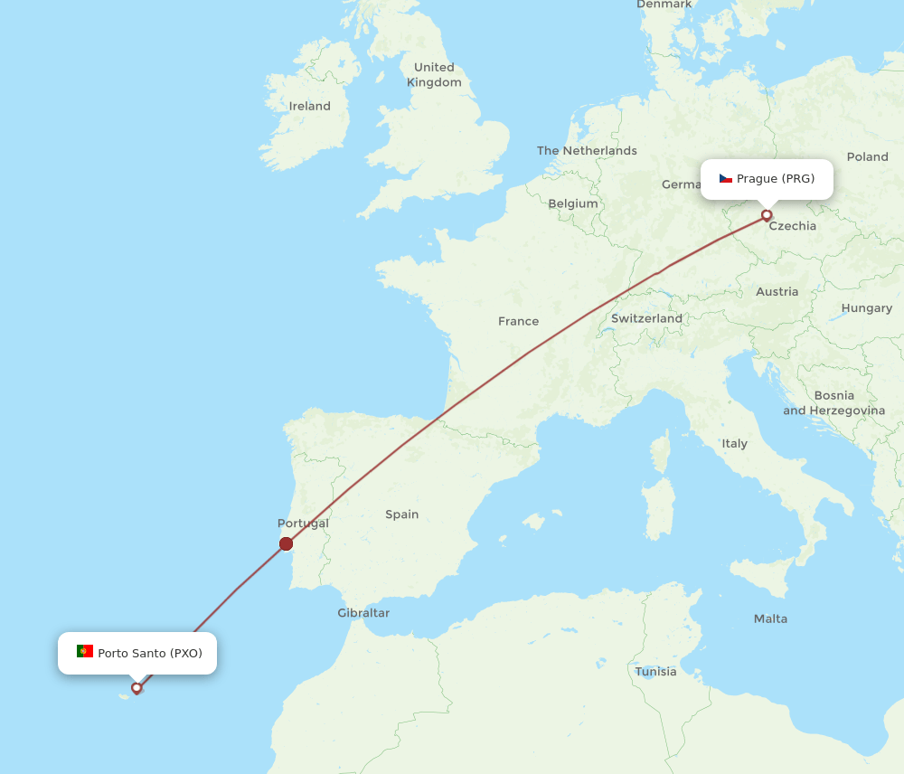 Prague - Porto Santo (Madeira) route map and flight paths