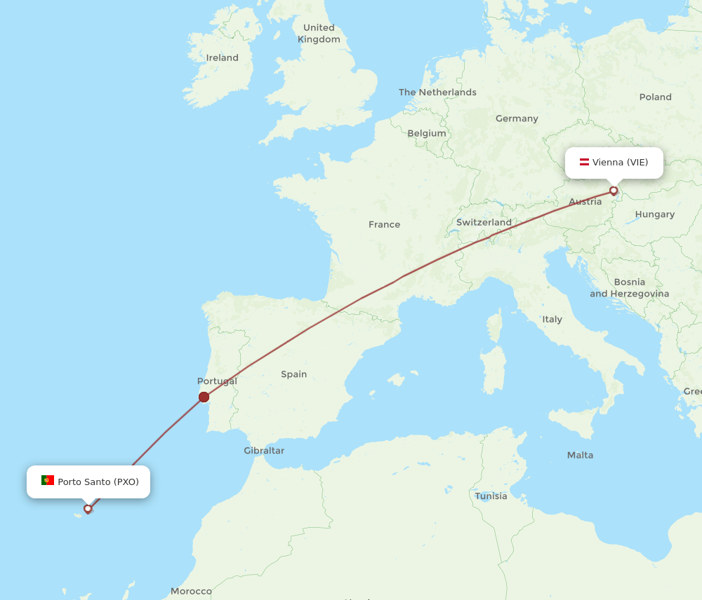 Vienna - Porto Santo (Madeira) route map and flight paths