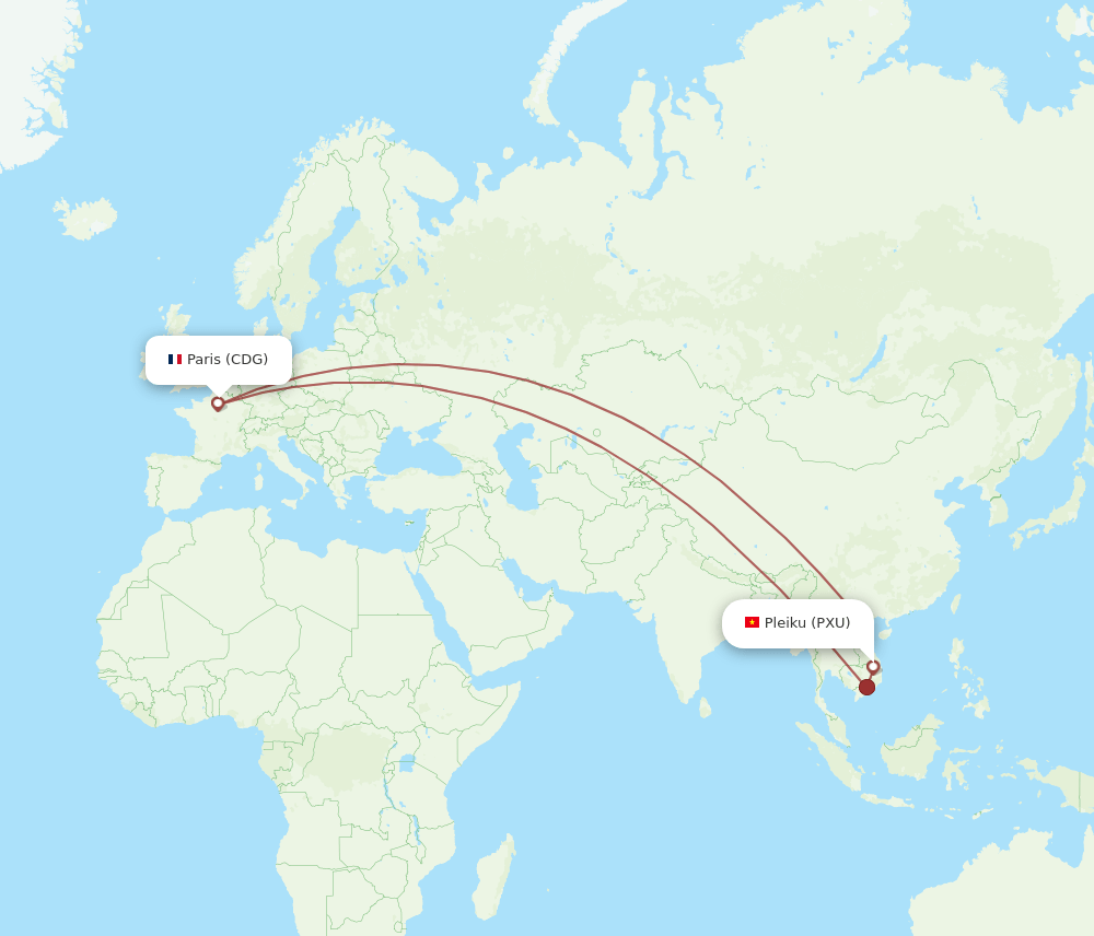 Paris - Pleiku route map and flight paths