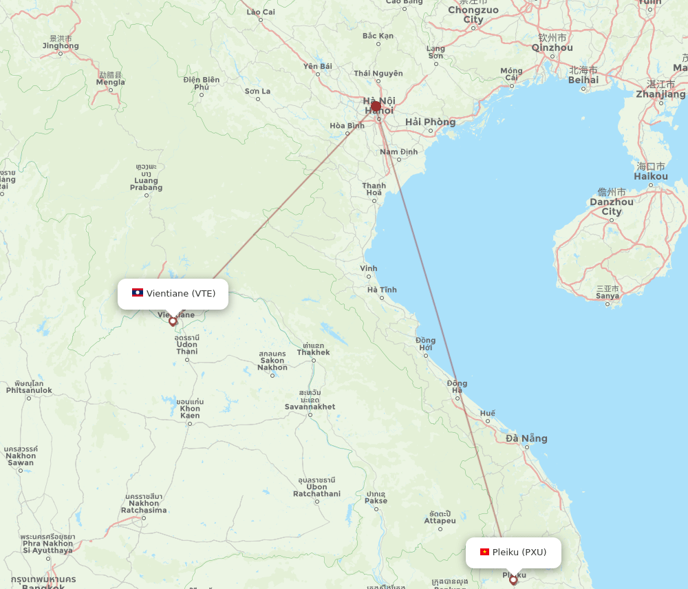 Vientiane - Pleiku route map and flight paths