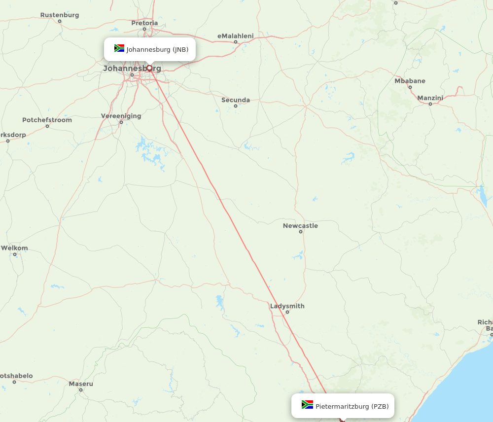 Pietermaritzburg - Johannesburg route map and flight paths