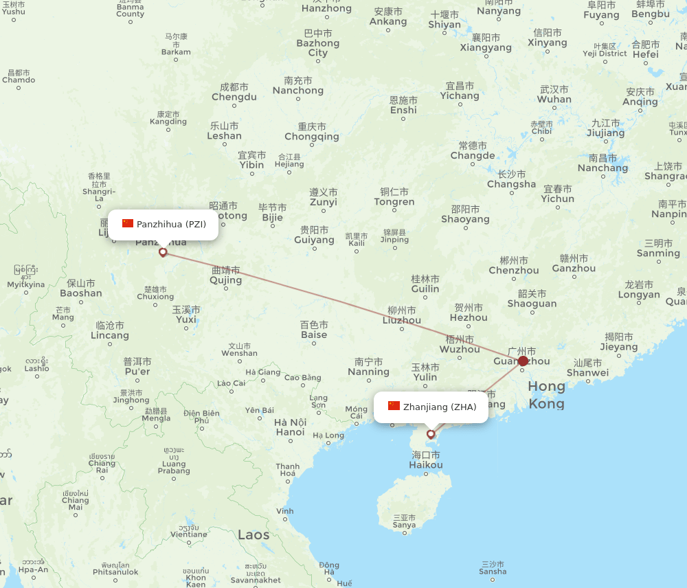 Zhanjiang - Pan Zhi Hua route map and flight paths