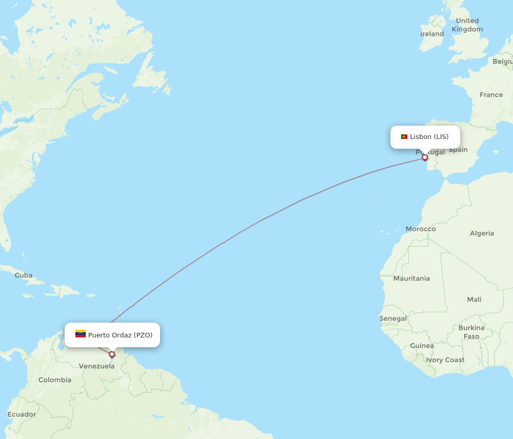 Lisbon - Puerto Ordaz route map and flight paths