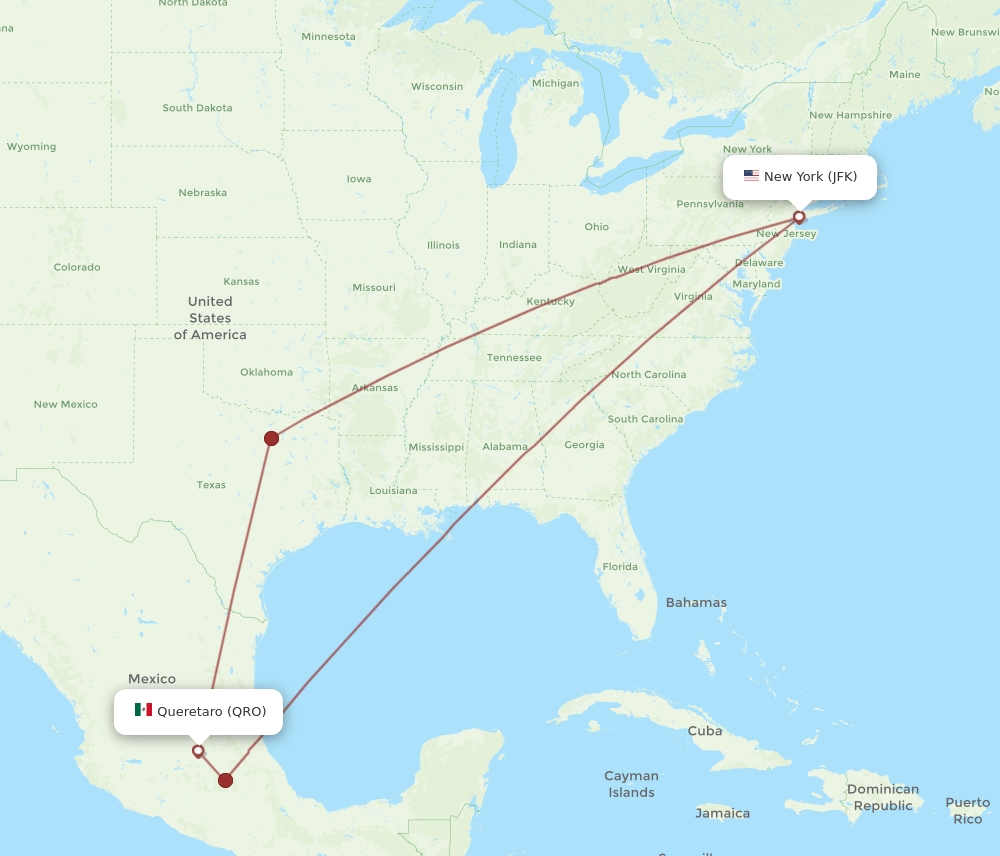 QRO to JFK flights and routes map