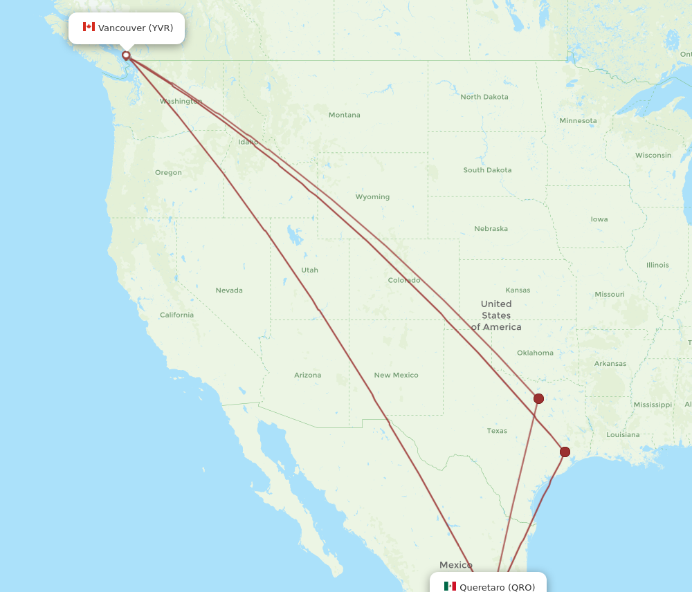 QRO to YVR flights and routes map