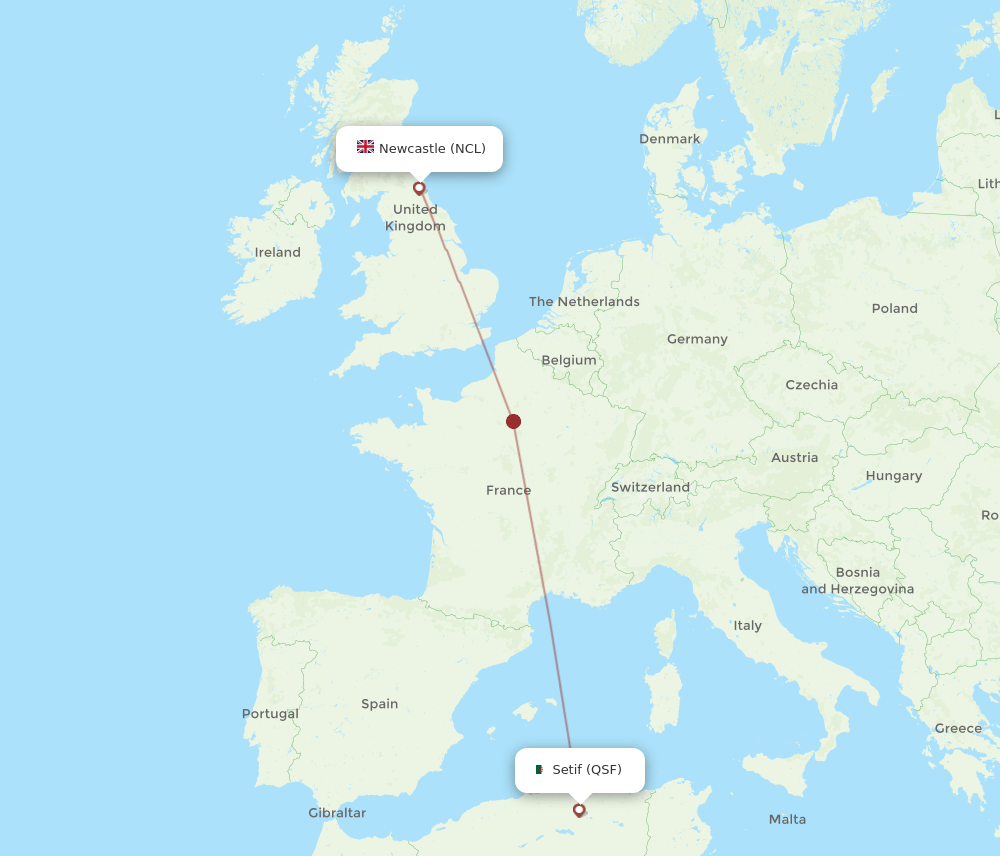 QSF to NCL flights and routes map