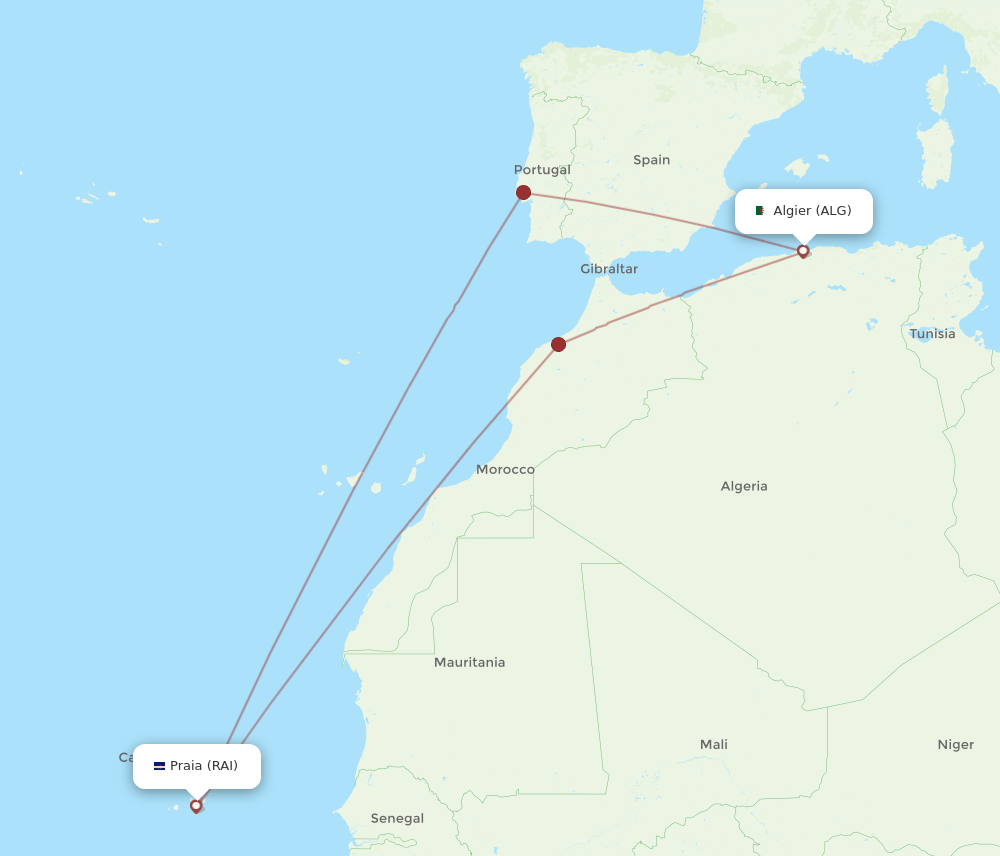 Algiers - Praia route map and flight paths