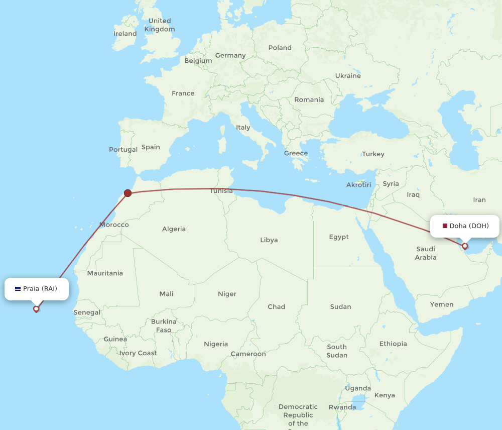 Doha - Praia route map and flight paths