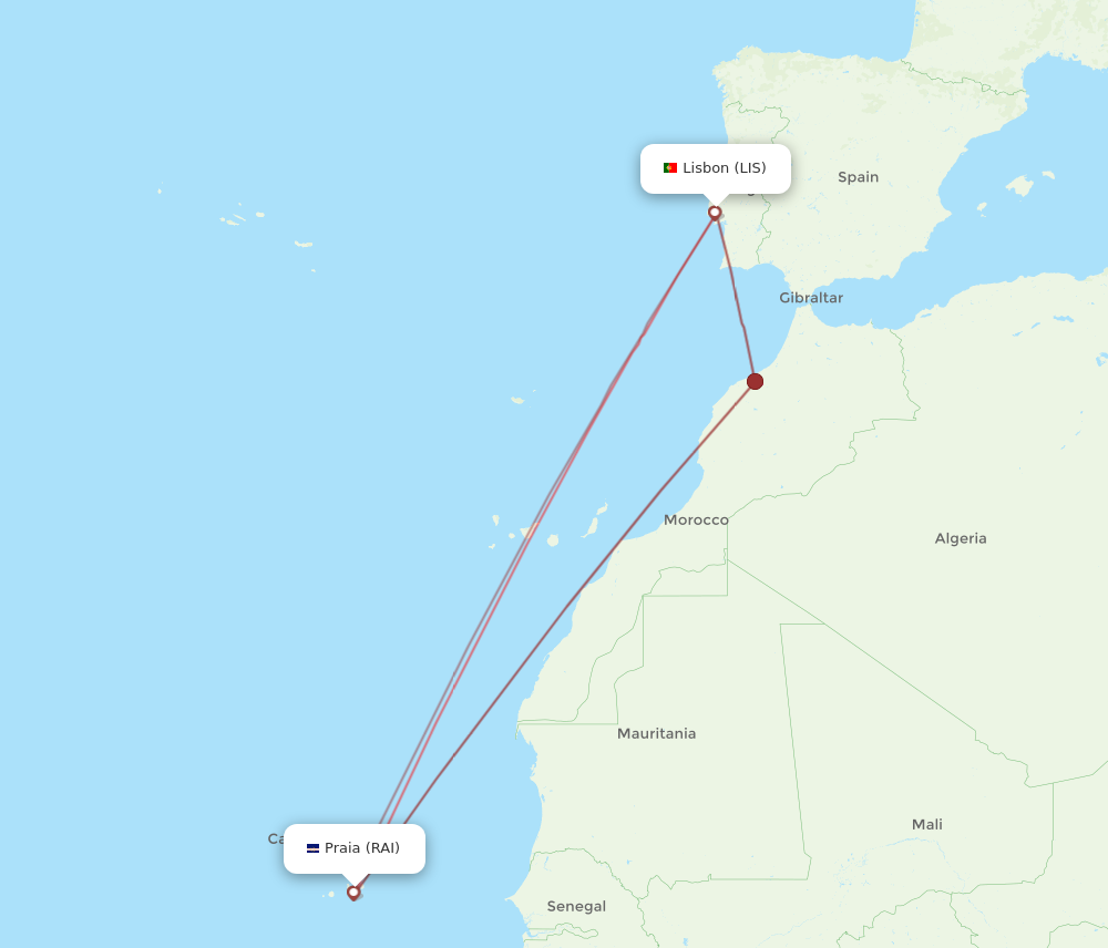 RAI to LIS flights and routes map