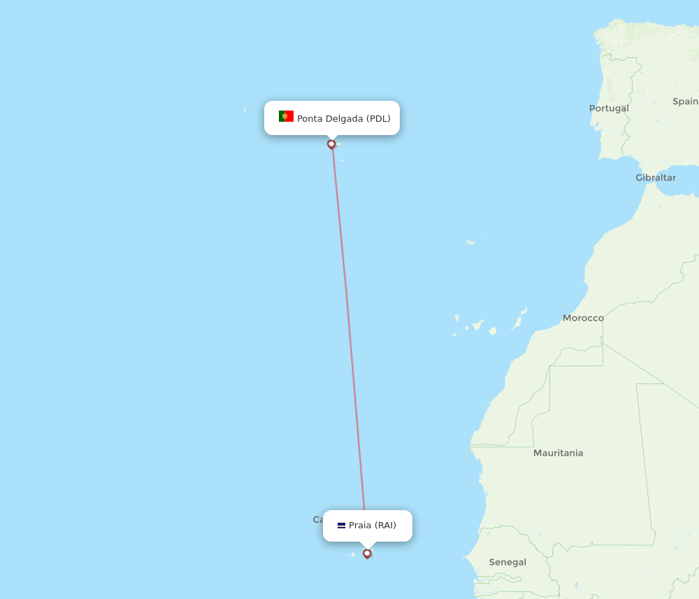 Praia - Ponta Delgada (Azores) route map and flight paths