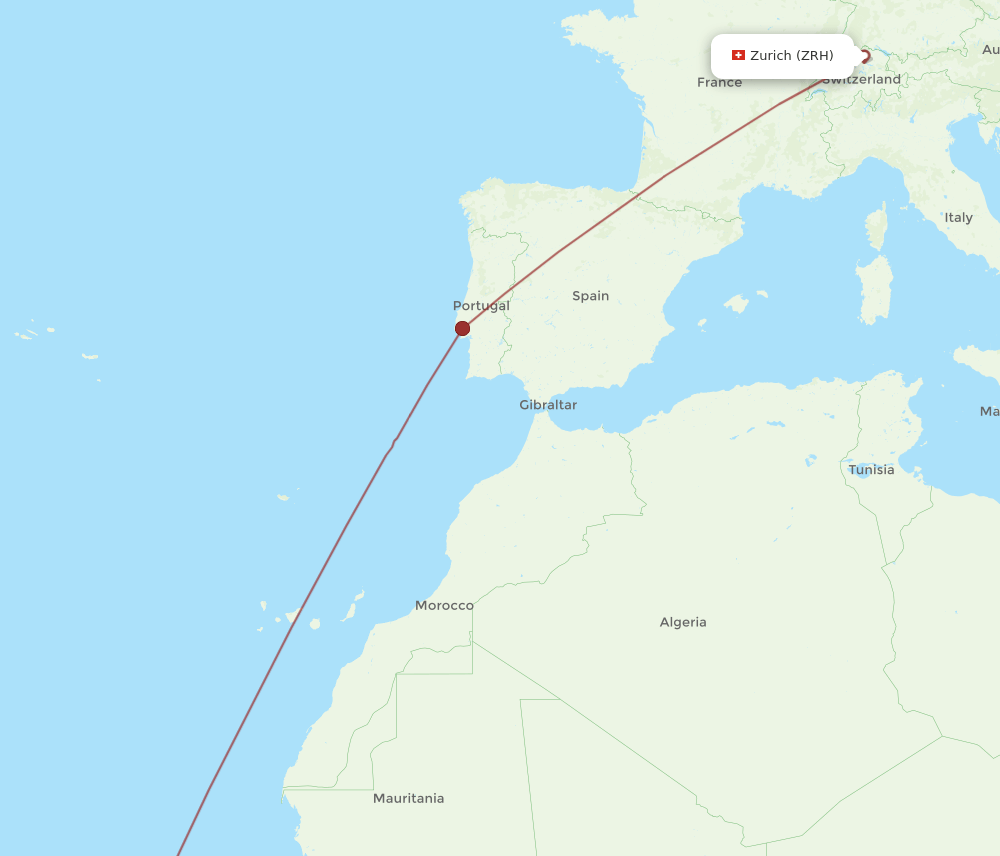 Zurich - Praia route map and flight paths