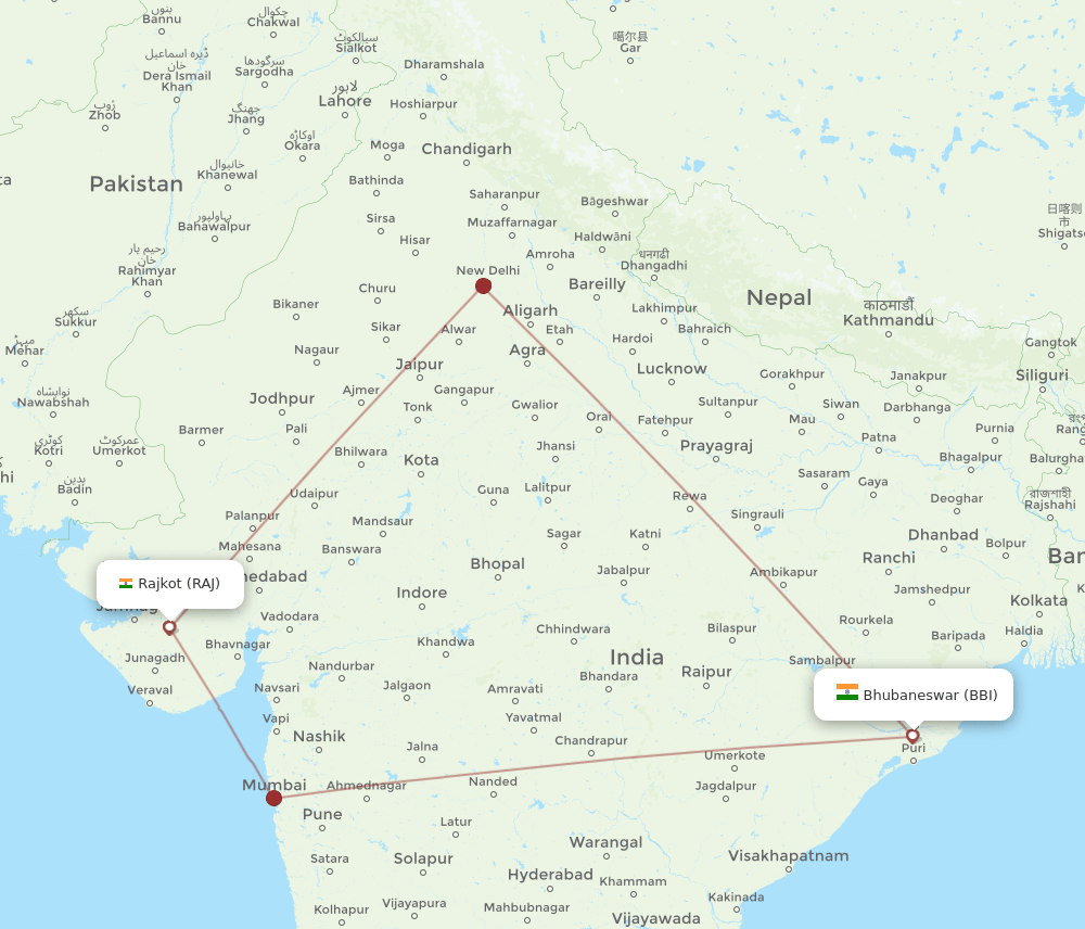 RAJ to BBI flights and routes map