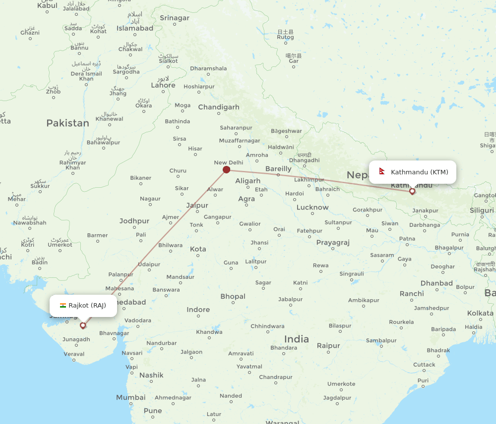 RAJ to KTM flights and routes map