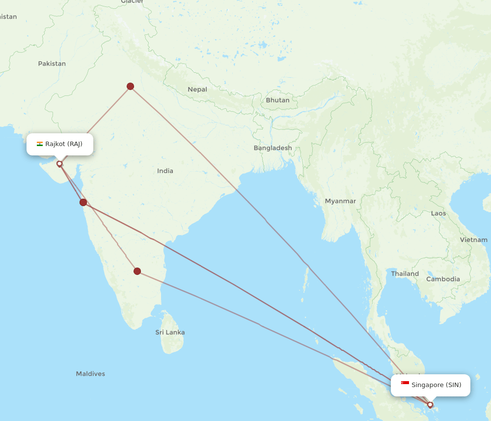 RAJ to SIN flights and routes map