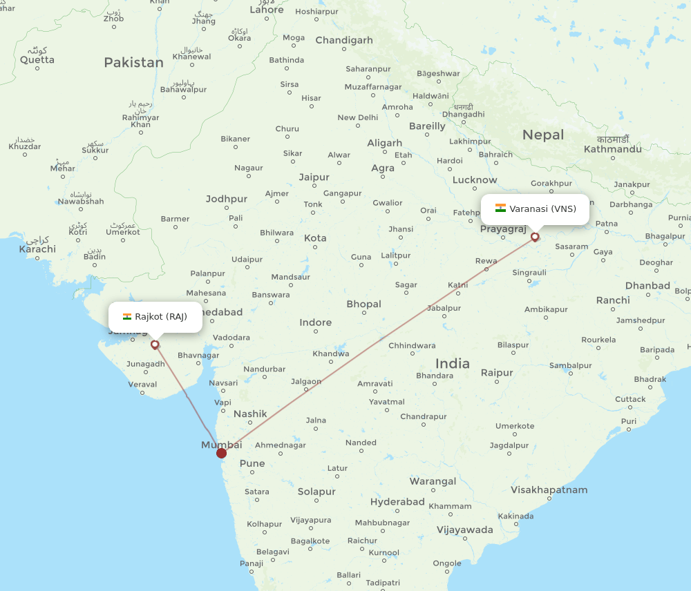 RAJ to VNS flights and routes map