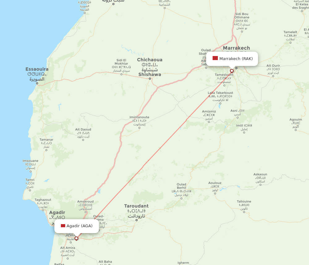 Marrakech - Agadir route map and flight paths