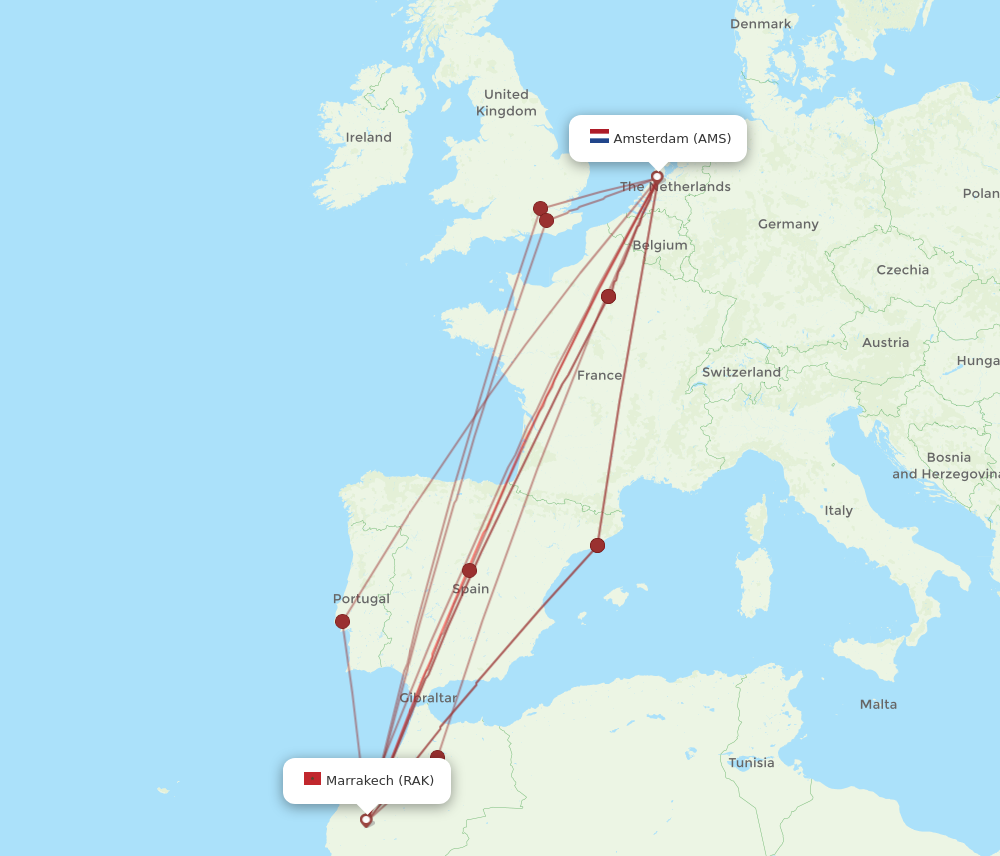 RAK to AMS flights and routes map