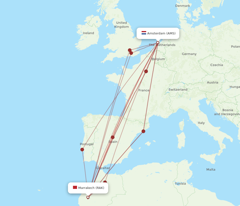 RAK-AMS flight routes