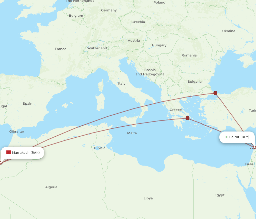 RAK to BEY flights and routes map