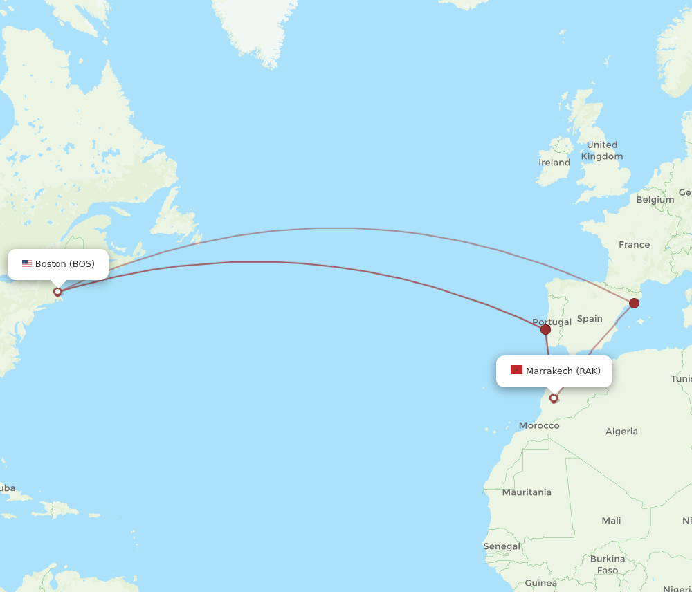 RAK to BOS flights and routes map