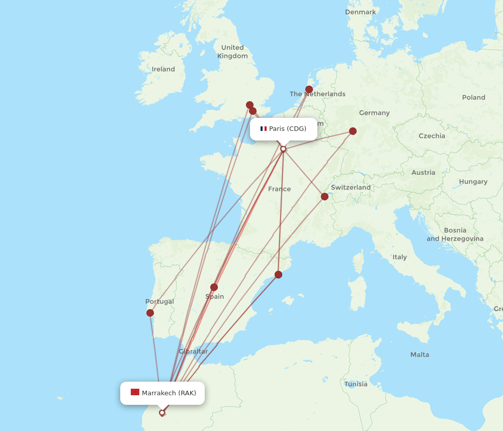 RAK to CDG flights and routes map