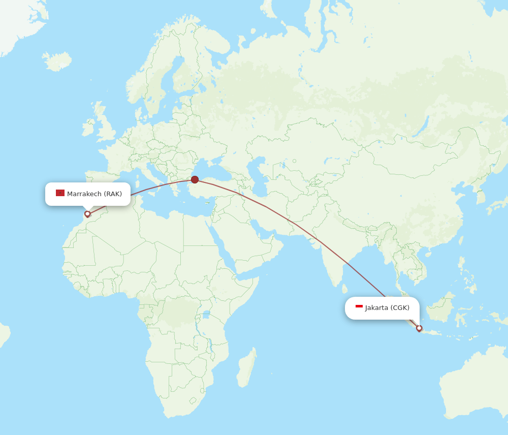 Jakarta - Marrakech route map and flight paths
