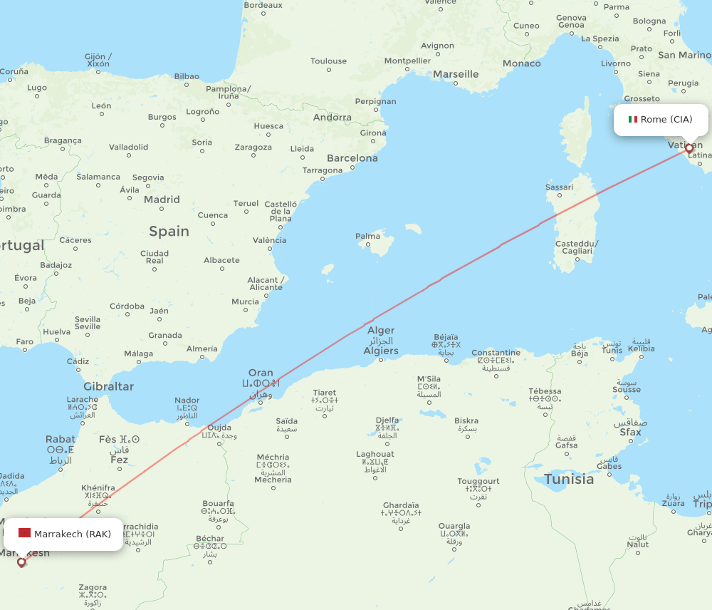 Marrakech - Rome route map and flight paths