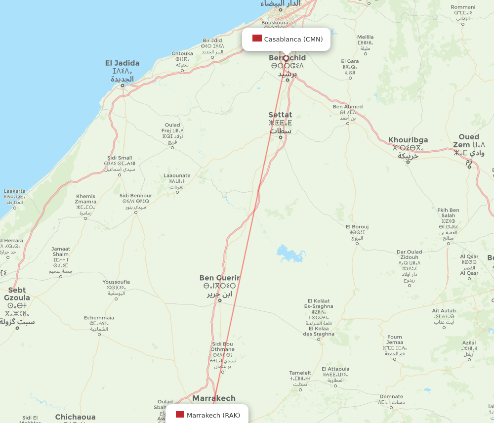 Marrakech - Casablanca route map and flight paths
