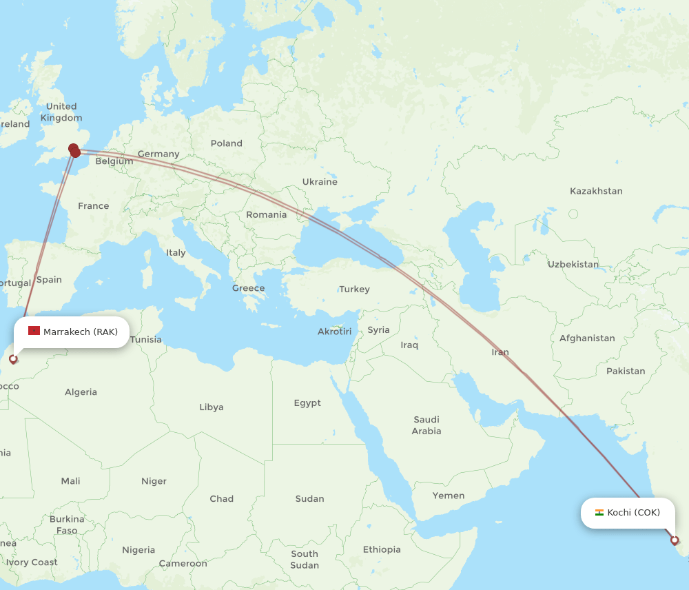 Kochi - Marrakech route map and flight paths