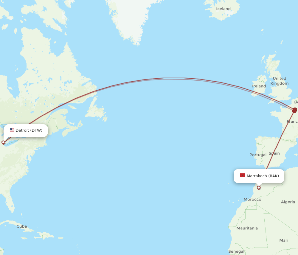 RAK-DTW flight routes