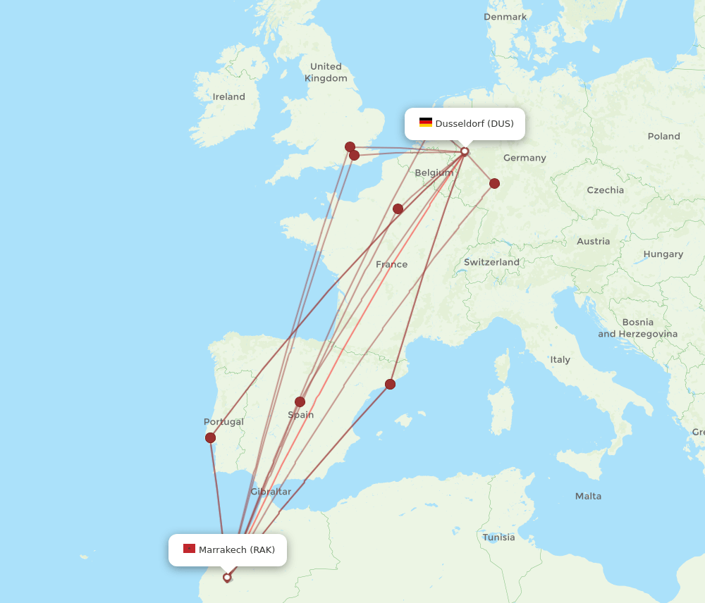 RAK to DUS flights and routes map