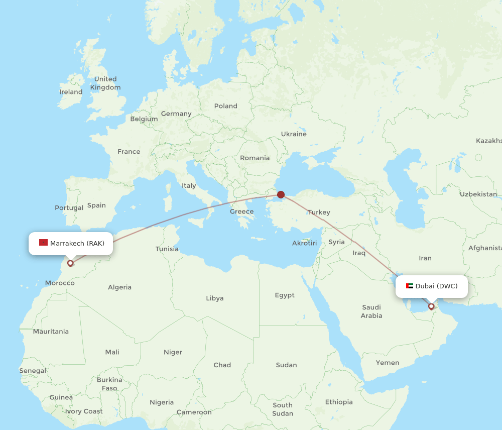 Dubai - Marrakech route map and flight paths