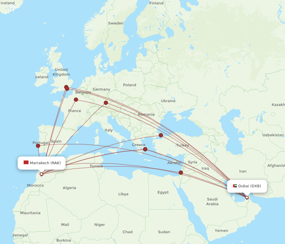 RAK to DXB flights and routes map